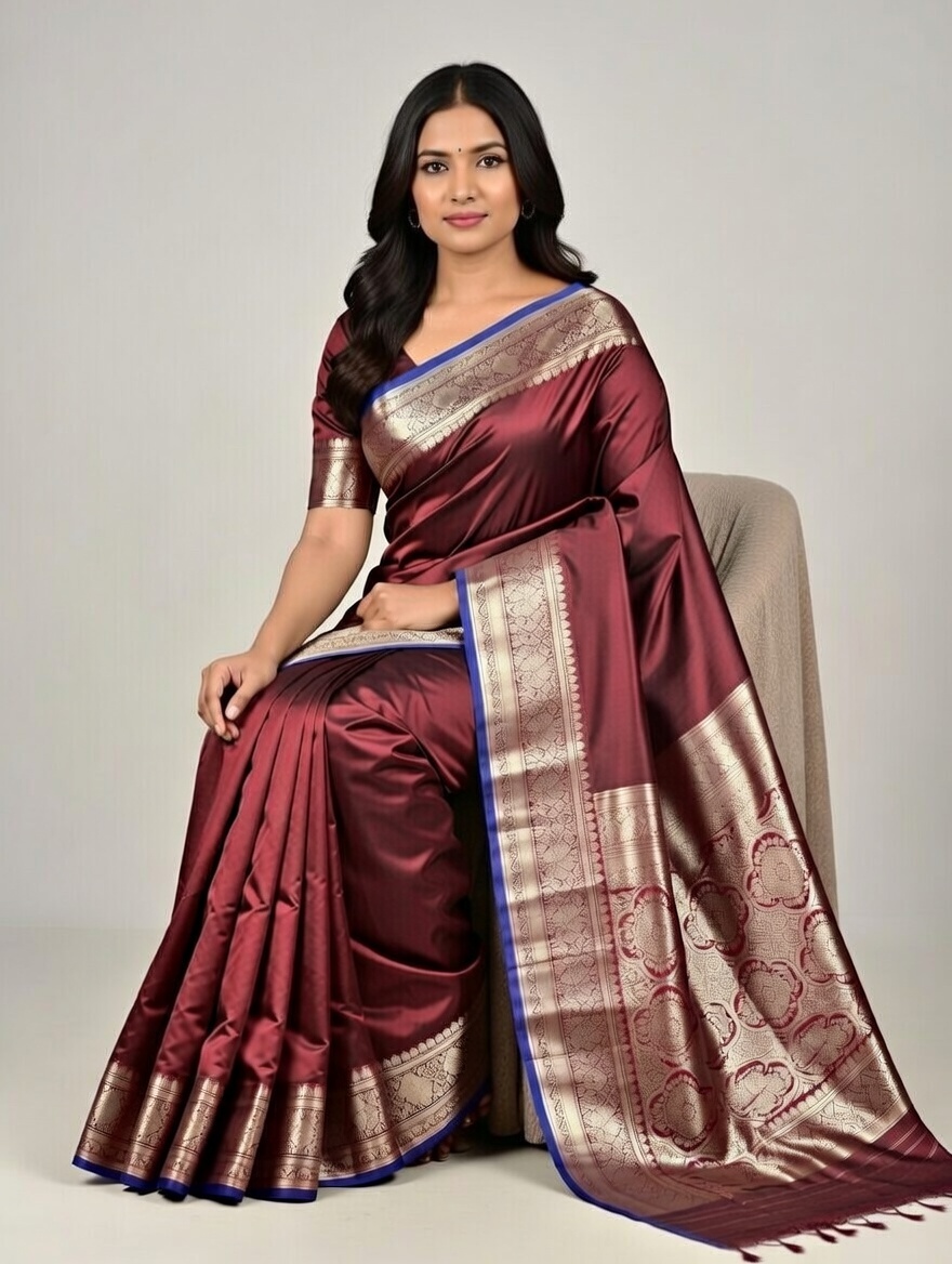 Elegant Maroon Satin Silk Saree with Silver Zari Border & Intricate Motifs 7042